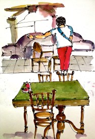 Alice ushering guests in with a smile