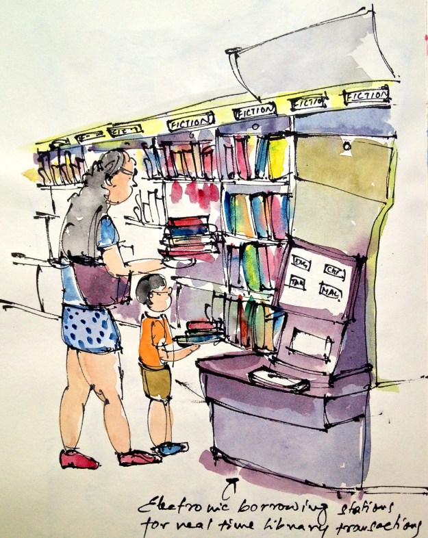 Electronic borrowing stations inside the mobile library