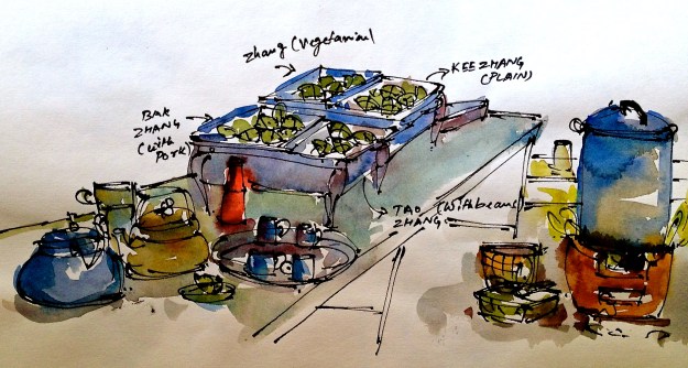Four different types of dumplings laid out with hot tea and ketchup 