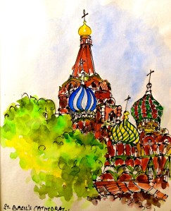 This is my third attempt at sketching St. Basil's Cathedral. I am sitting in the only shaded spot next to the church and sharing the space with a hopeless drunk because everybody else in enjoying the sun.