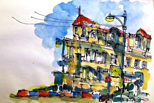 A busy crossing near Belorussky Vokzal, sketched from a local cafe