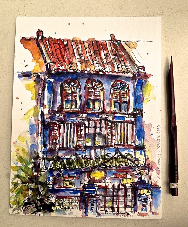 Facade of Baba House, drawn with a bamboo stick