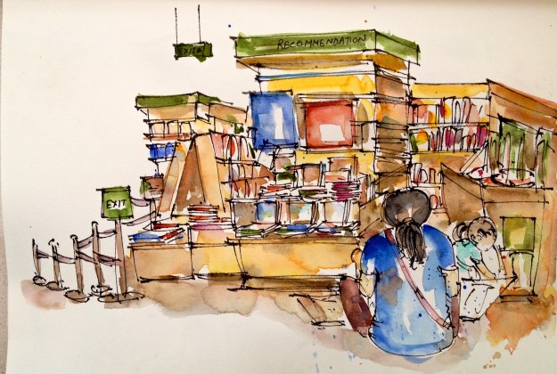 Thumbs up for this mother (also an urban sketcher) who brought her munchkin to a bookshop early morning. 