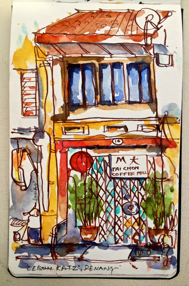 Impression 16 : The owner of this coffee mill on sleepy Lebuh Katz hadn't opened shop yet. But that didn't stop him from keeping us company and conjure a 'thumps up' from time to time as the sketch progressed and muttering in Hokkien - 'beautiful, beautiful'.