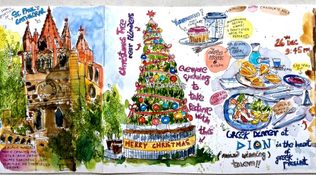 26th Dec / Melbourne : Right in front of the Starbucks was a green patch where stood this giant Christmas tree which everybody queued to take pictures with; Greek Dinner in the heart of Greek precinct