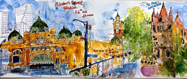 26th Dec / Melbourne : Flinders Station sketched from the steps of St. Paul's Cathedral