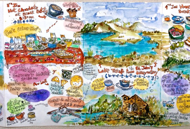 Christchurch to Lake Tekapo / 3rd Jan : We were lucky to be able to experience something as local as a farmer's market at Lyttelton. Meeting the people, chatting with them, hearing their stories and, watching them go about their business trumps any tourist attraction. And sketching is the fastest way to make friends!