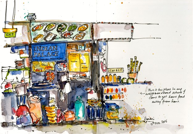A favourite Indian joint near my house. I'm addicted to their better slathered aloo parathas baked in a traditional tandoor. This goes into the Let's Draw, Singapore! book. 