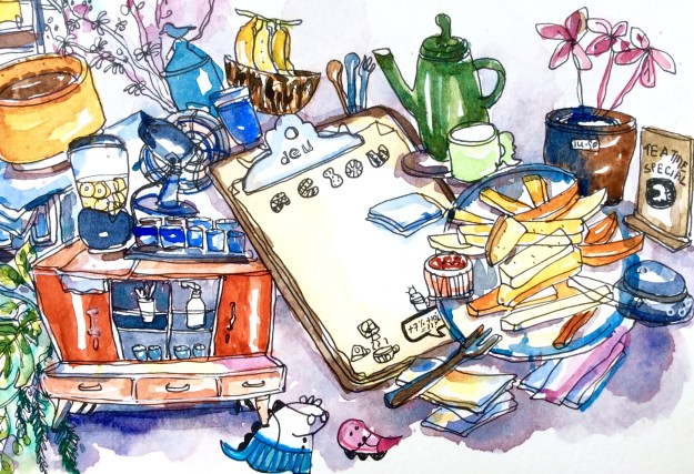 AEIOU Cafe sketch closeup