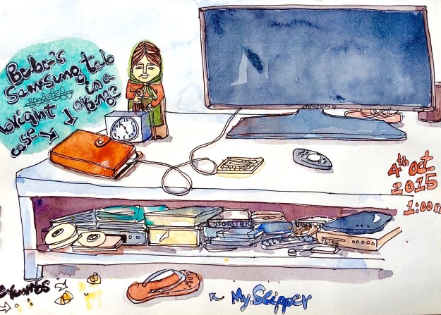 Baba's Samsung Tab encased in a bright orange cover became a permanent fixture on this table because he would hog this charging point day and night.