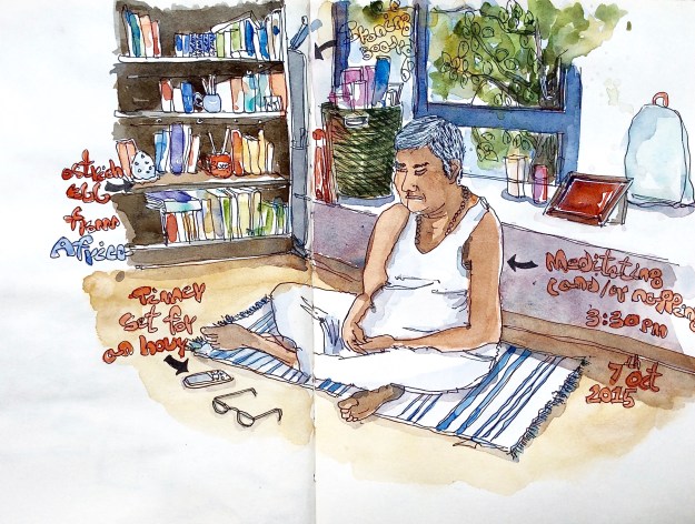 Baba's precise infallible routine contains an hour of meditation twice a day. I've caught him nodding off couple of times while at it but he denies the accusation fervently.